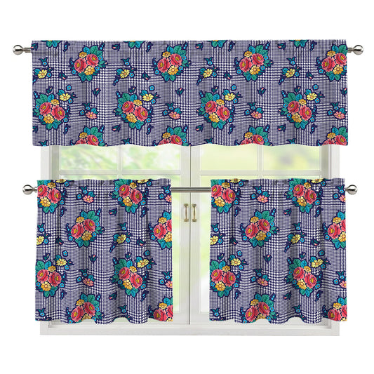 Blue And White Floral Glen Plaid Print 3 Piece Kitchen Curtains