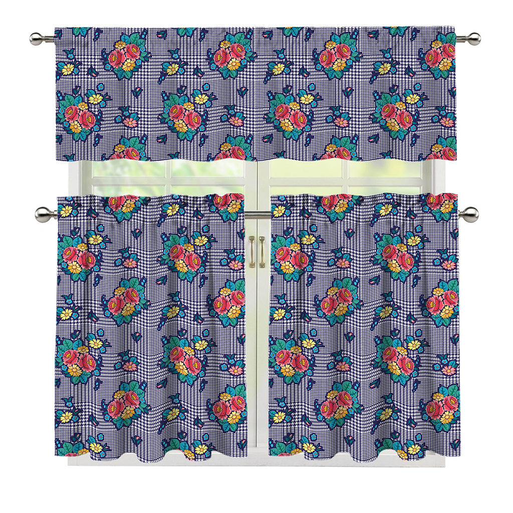Blue And White Floral Glen Plaid Print 3 Piece Kitchen Curtains