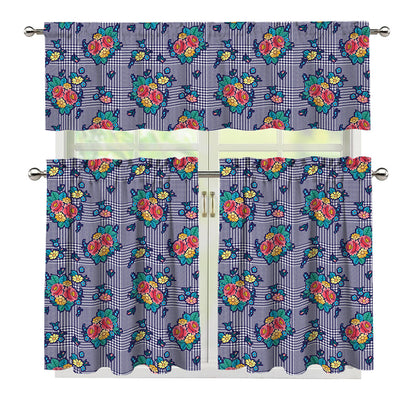 Blue And White Floral Glen Plaid Print 3 Piece Kitchen Curtains