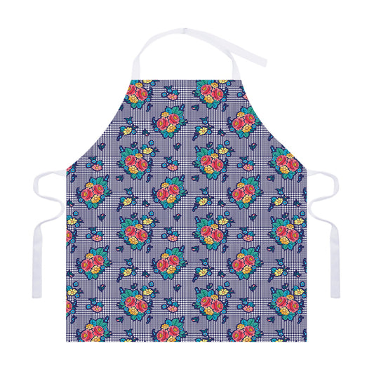 Blue And White Floral Glen Plaid Print Adjustable Apron