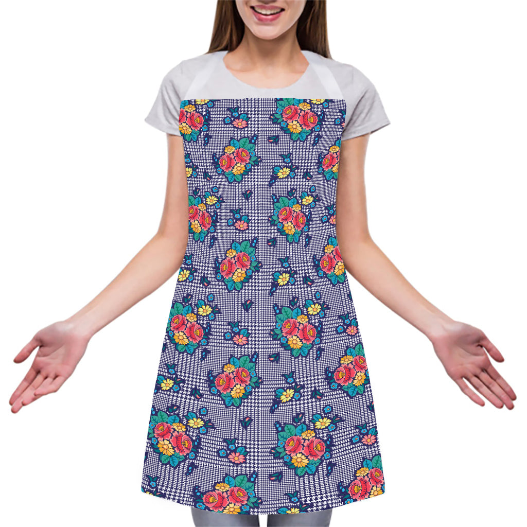 Blue And White Floral Glen Plaid Print Adjustable Apron