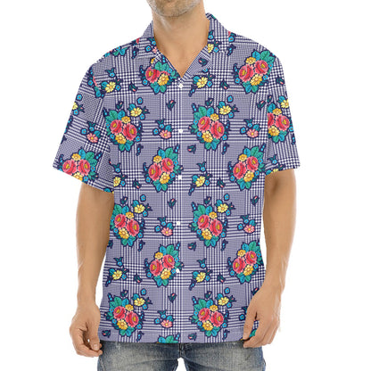 Blue And White Floral Glen Plaid Print Aloha Shirt