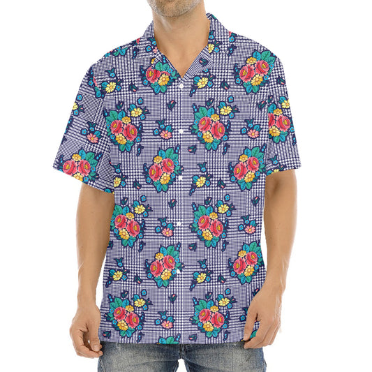 Blue And White Floral Glen Plaid Print Aloha Shirt