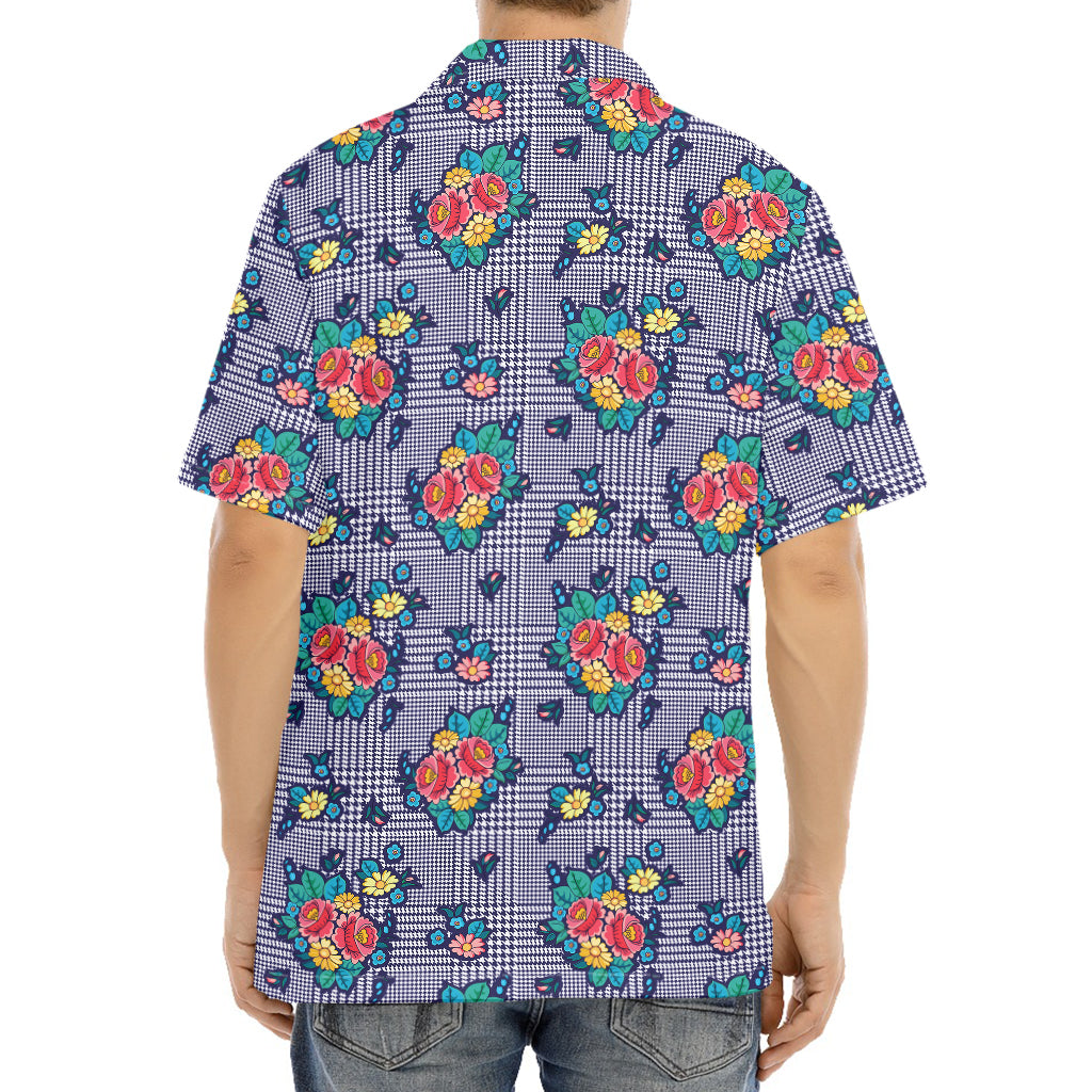 Blue And White Floral Glen Plaid Print Aloha Shirt