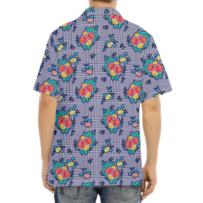 Blue And White Floral Glen Plaid Print Aloha Shirt