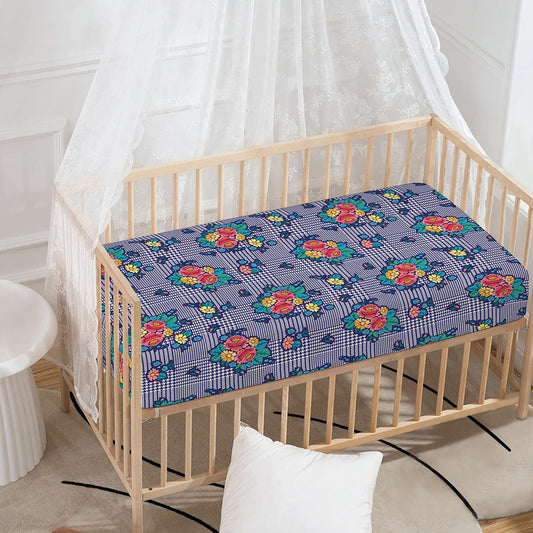 Blue And White Floral Glen Plaid Print Baby Crib Sheet