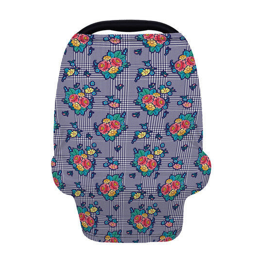 Blue And White Floral Glen Plaid Print Baby Seat Cover