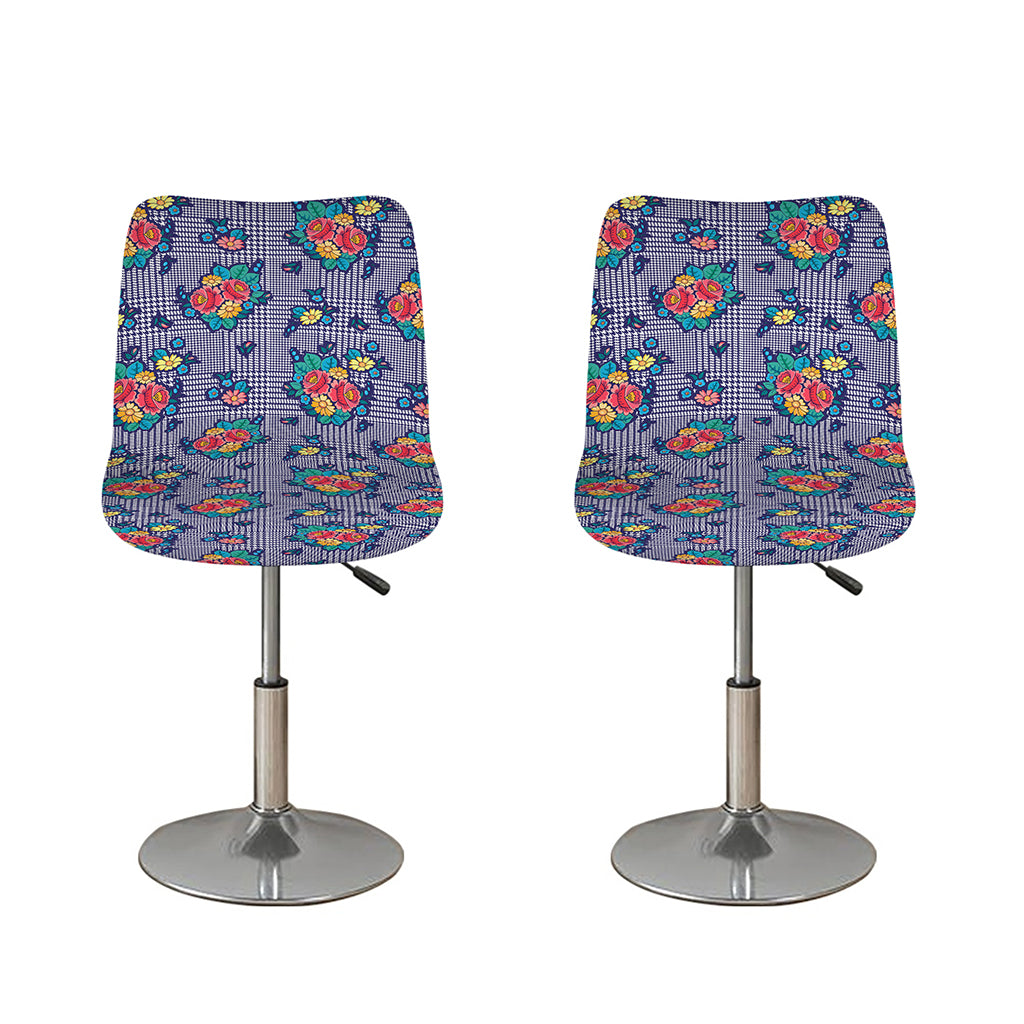 Blue And White Floral Glen Plaid Print Bar Stool Covers