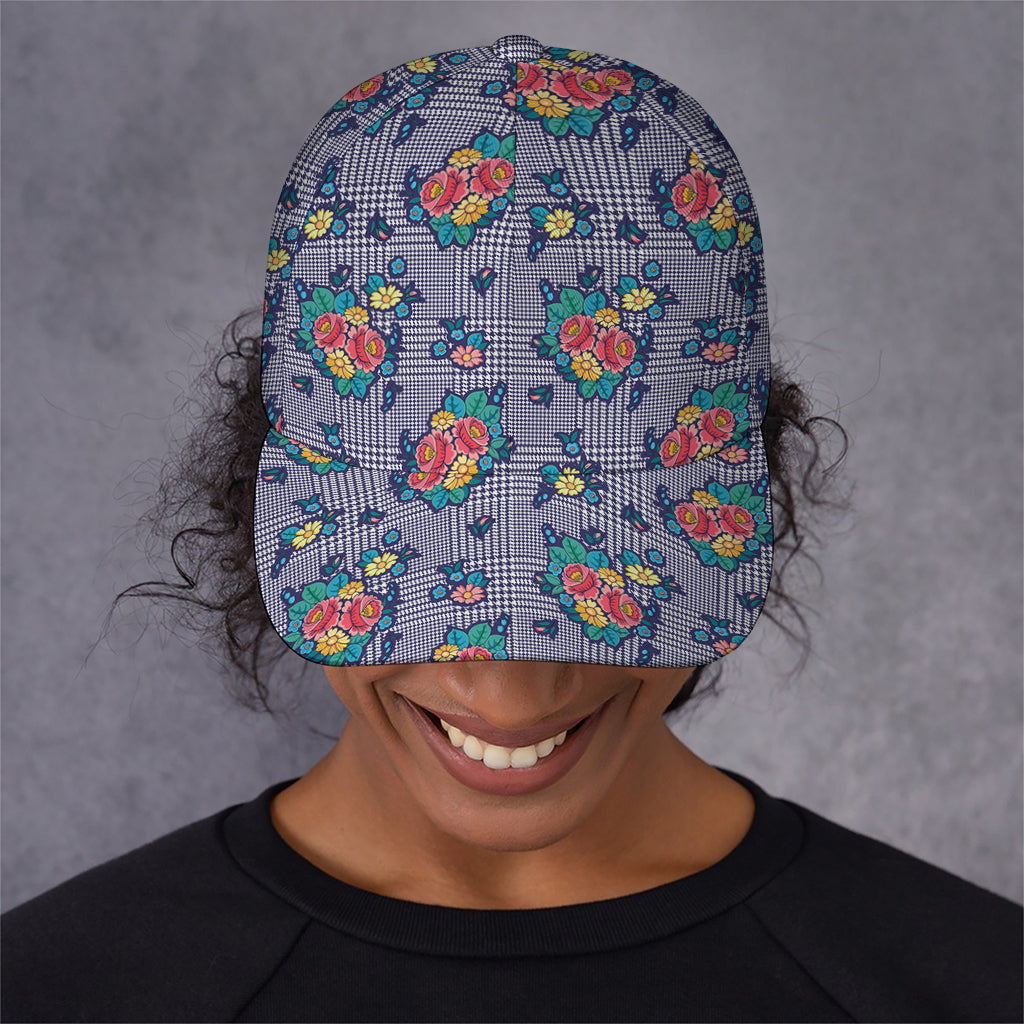 Blue And White Floral Glen Plaid Print Baseball Cap