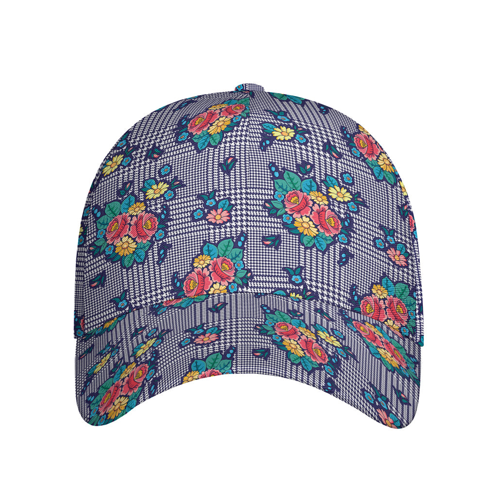 Blue And White Floral Glen Plaid Print Baseball Cap