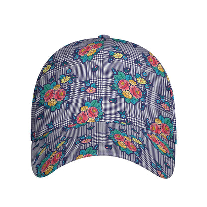 Blue And White Floral Glen Plaid Print Baseball Cap