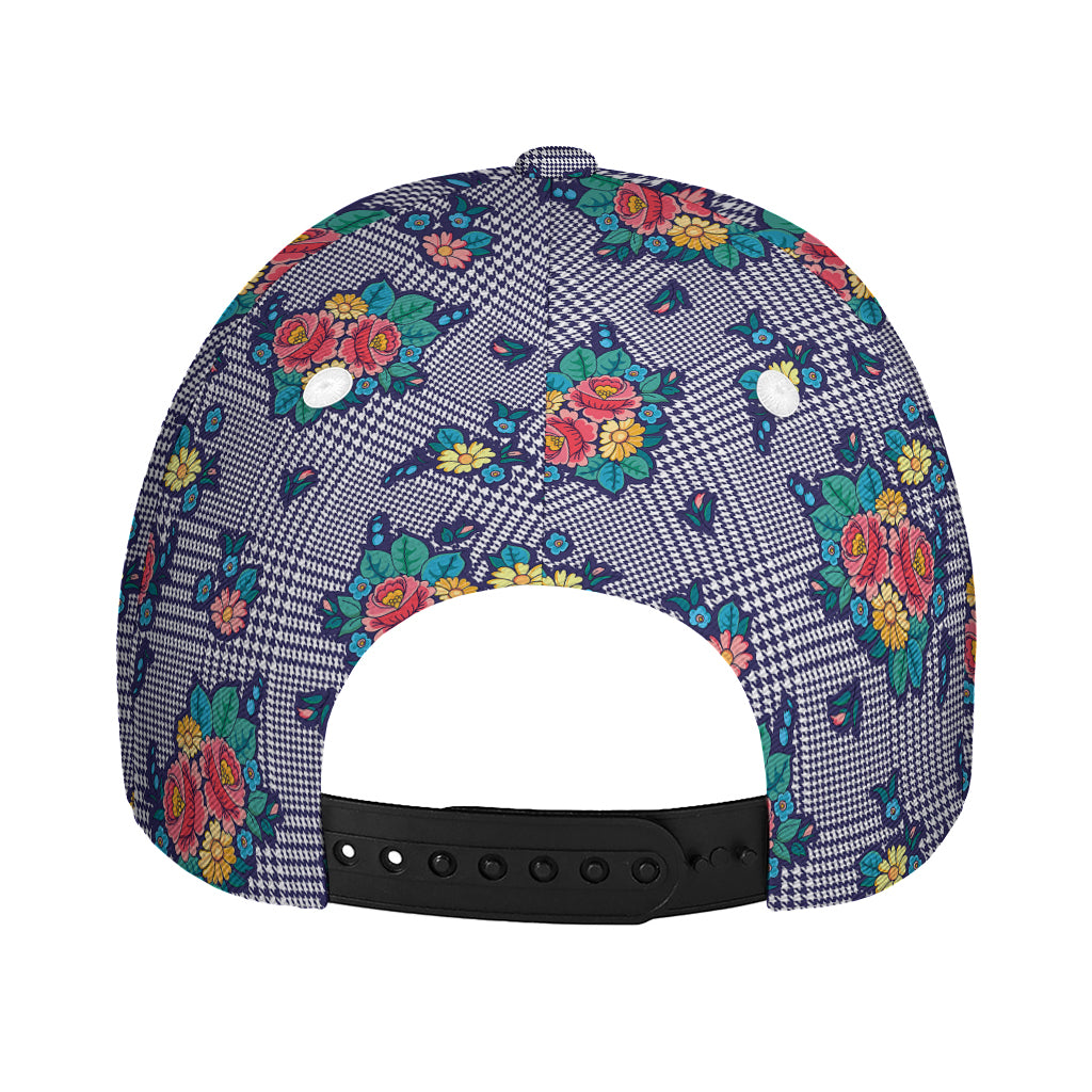 Blue And White Floral Glen Plaid Print Baseball Cap