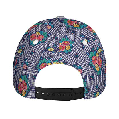 Blue And White Floral Glen Plaid Print Baseball Cap