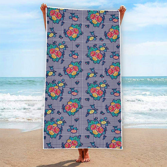 Blue And White Floral Glen Plaid Print Beach Towel