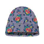 Blue And White Floral Glen Plaid Print Beanie