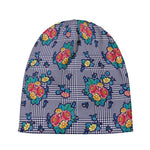 Blue And White Floral Glen Plaid Print Beanie