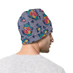 Blue And White Floral Glen Plaid Print Beanie