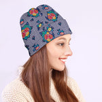 Blue And White Floral Glen Plaid Print Beanie