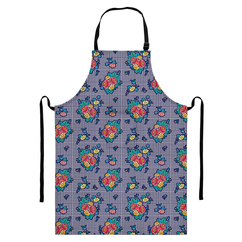Blue And White Floral Glen Plaid Print Bib Apron With Pocket