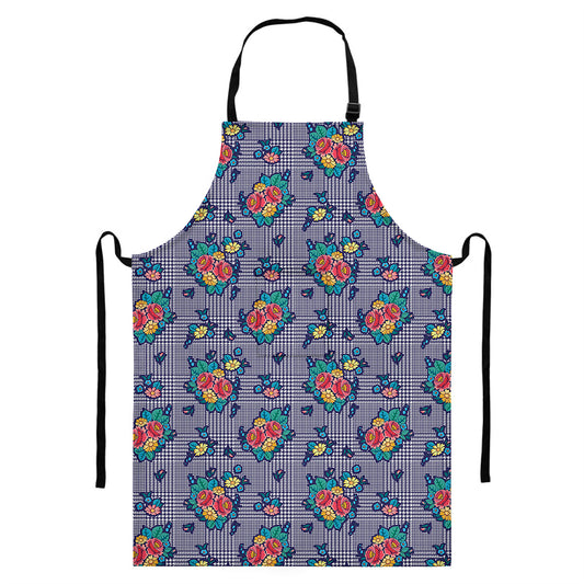 Blue And White Floral Glen Plaid Print Bib Apron With Pocket