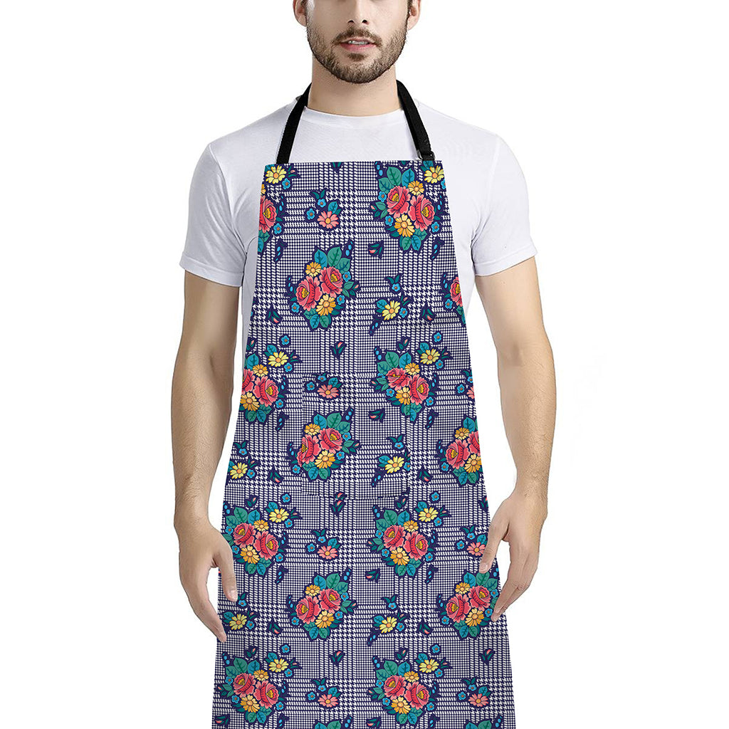 Blue And White Floral Glen Plaid Print Bib Apron With Pocket