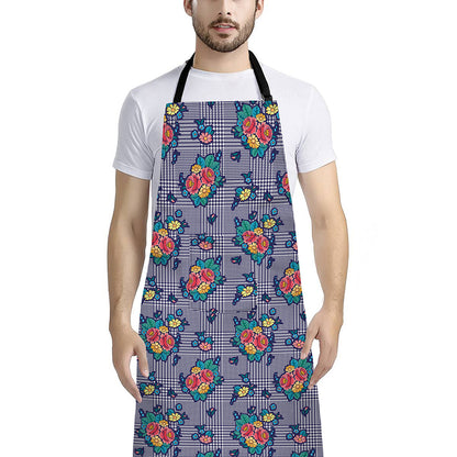 Blue And White Floral Glen Plaid Print Bib Apron With Pocket