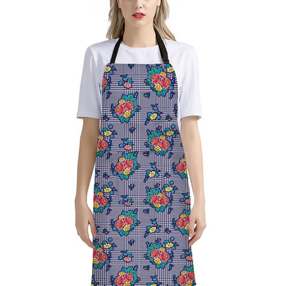 Blue And White Floral Glen Plaid Print Bib Apron With Pocket