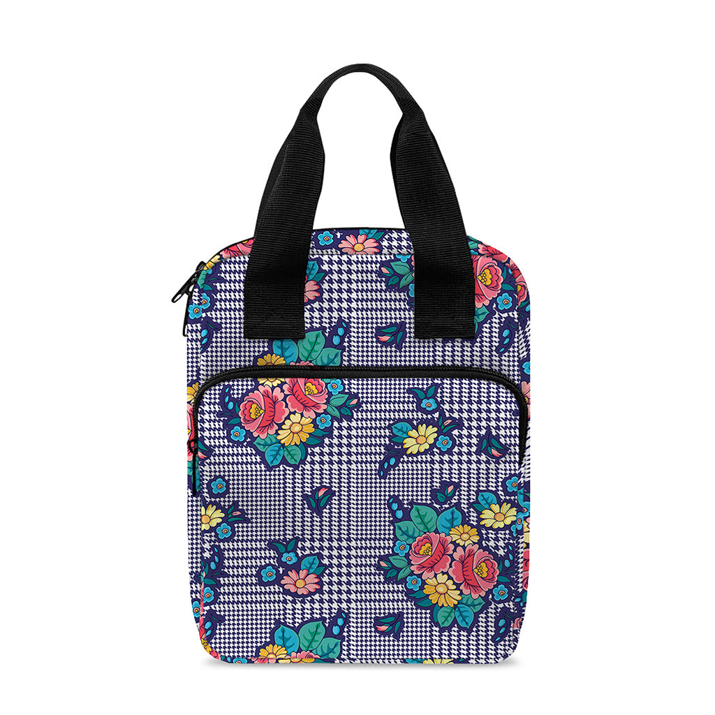 Blue And White Floral Glen Plaid Print Bible Tote Bag