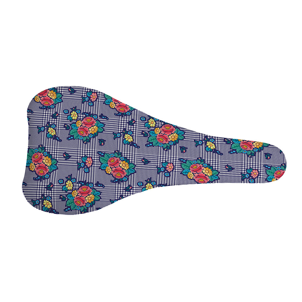 Blue And White Floral Glen Plaid Print Bicycle Seat Cover