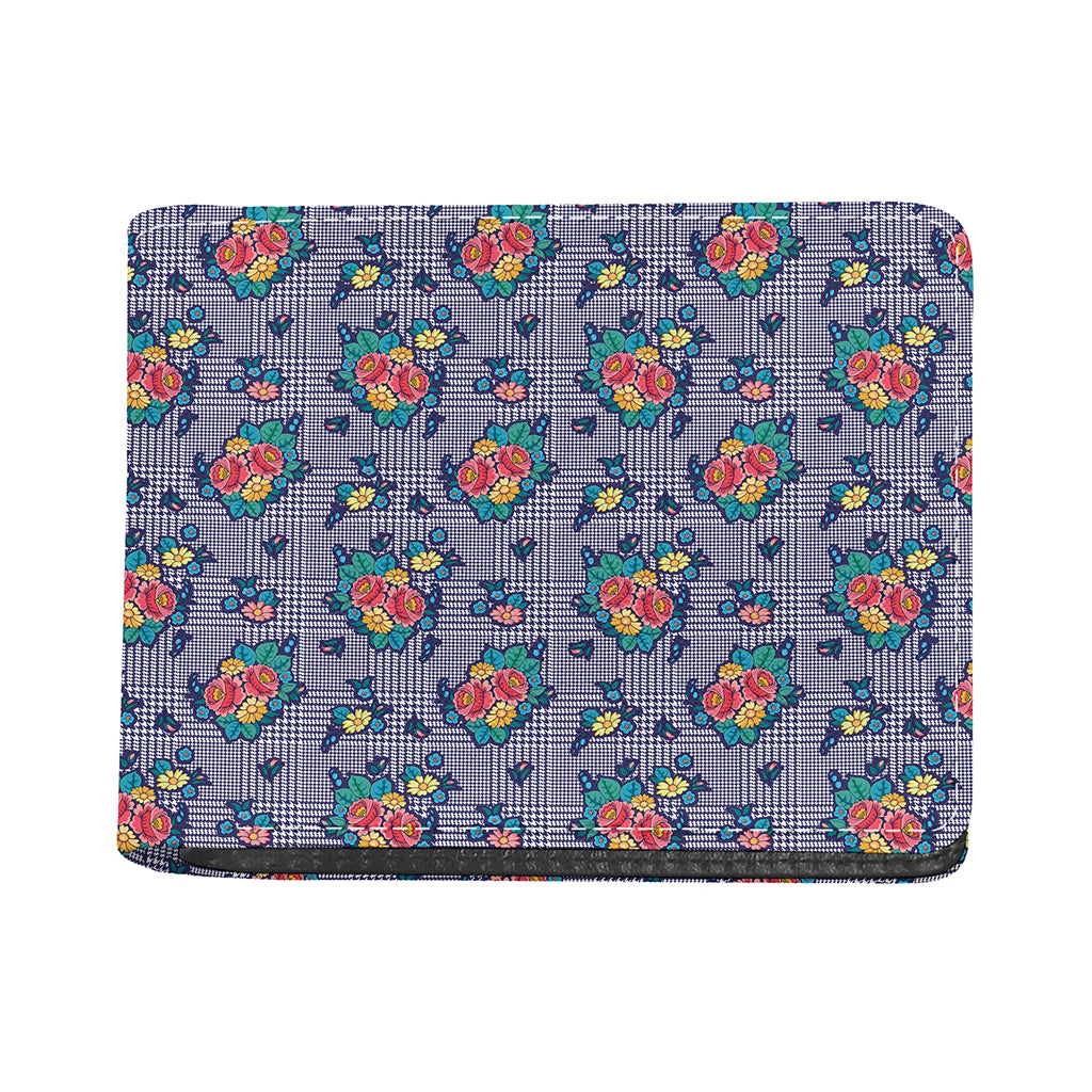 Blue And White Floral Glen Plaid Print Bifold Wallet