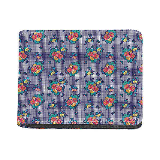Blue And White Floral Glen Plaid Print Bifold Wallet