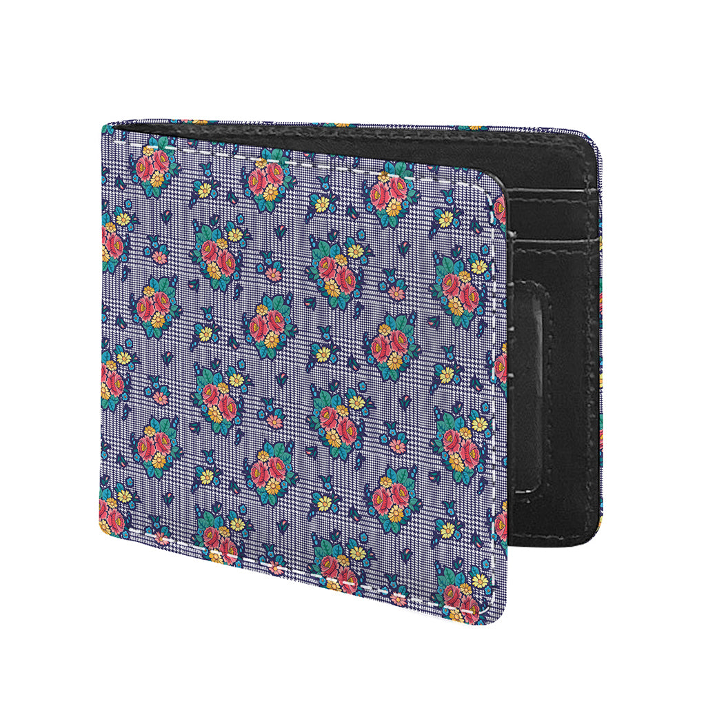 Blue And White Floral Glen Plaid Print Bifold Wallet