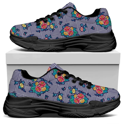 Blue And White Floral Glen Plaid Print Black Chunky Shoes