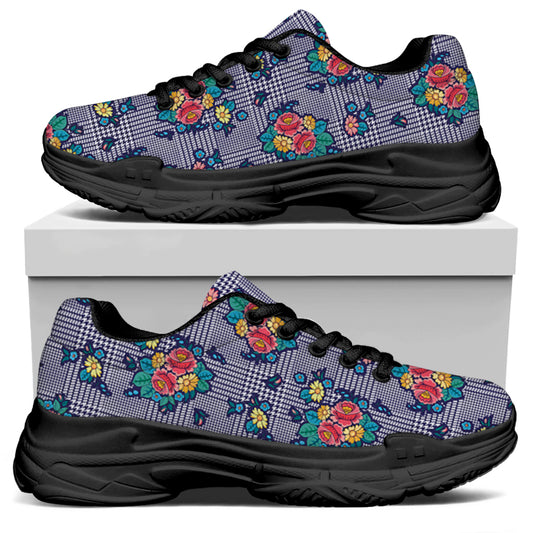 Blue And White Floral Glen Plaid Print Black Chunky Shoes