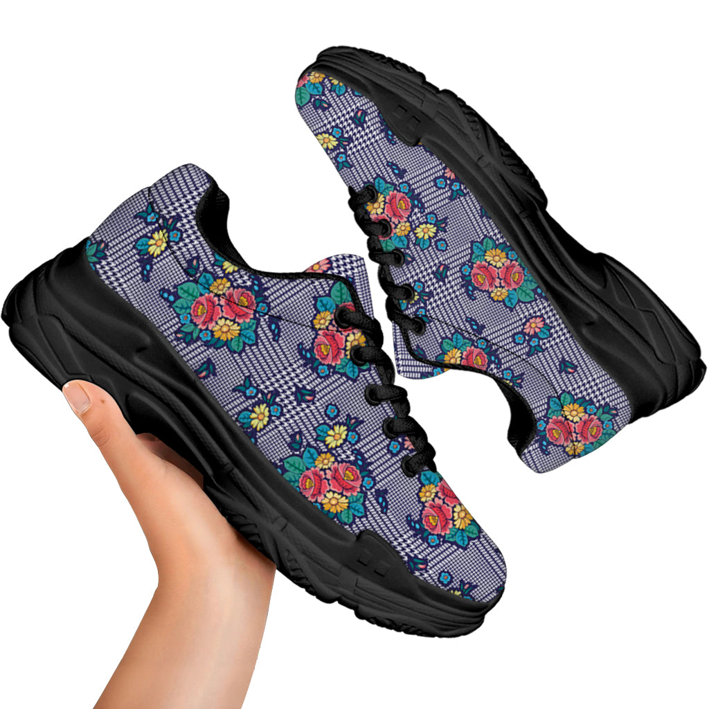 Blue And White Floral Glen Plaid Print Black Chunky Shoes