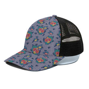 Blue And White Floral Glen Plaid Print Black Mesh Trucker Cap