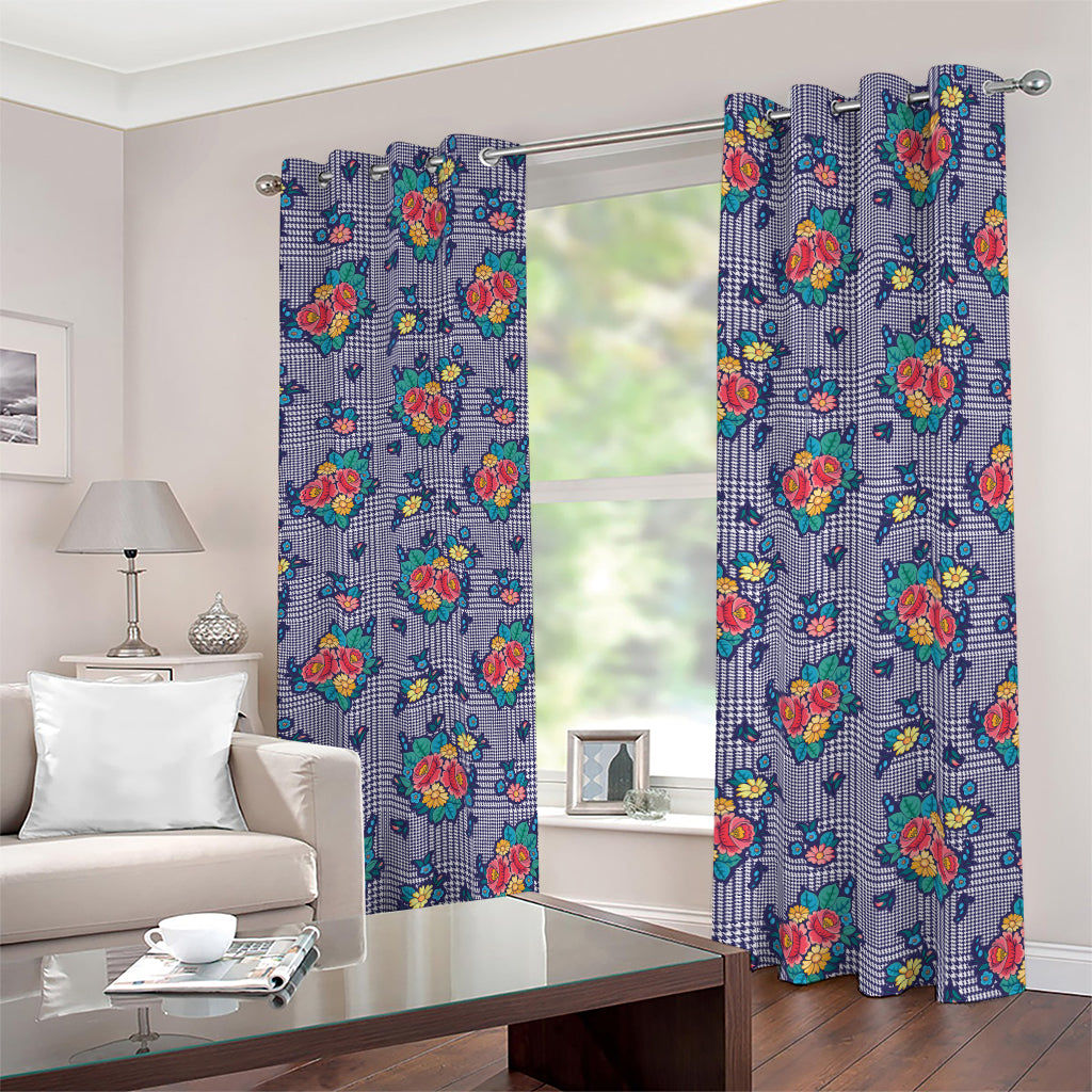 Blue And White Floral Glen Plaid Print Blackout Grommet Curtains