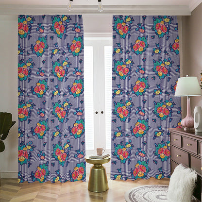 Blue And White Floral Glen Plaid Print Blackout Pencil Pleat Curtains