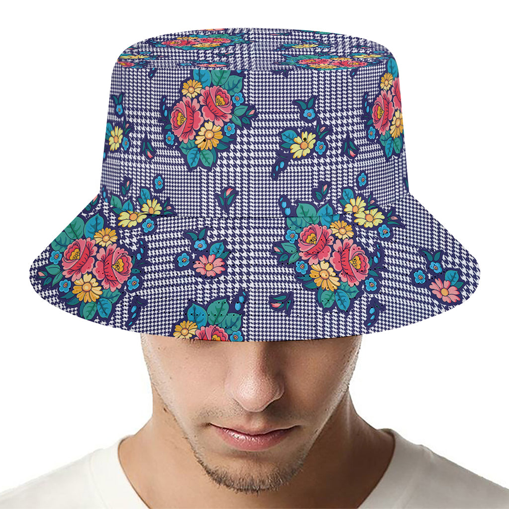 Blue And White Floral Glen Plaid Print Bucket Hat