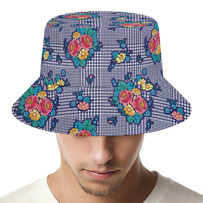 Blue And White Floral Glen Plaid Print Bucket Hat