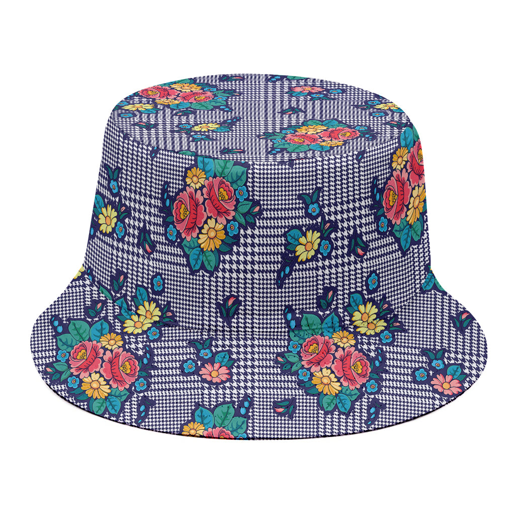 Blue And White Floral Glen Plaid Print Bucket Hat