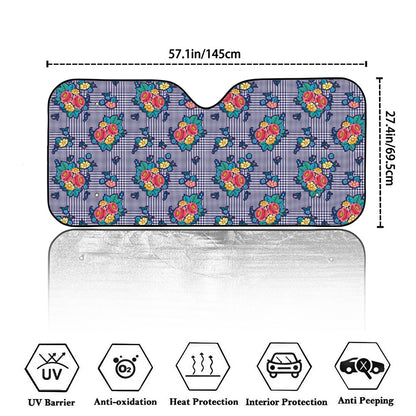 Blue And White Floral Glen Plaid Print Car Windshield Sun Shade