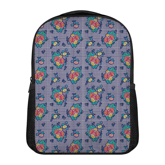 Blue And White Floral Glen Plaid Print Casual Backpack