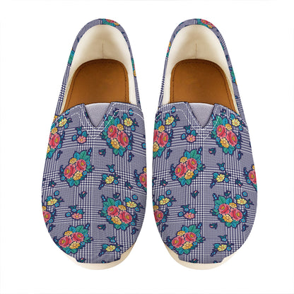 Blue And White Floral Glen Plaid Print Casual Shoes