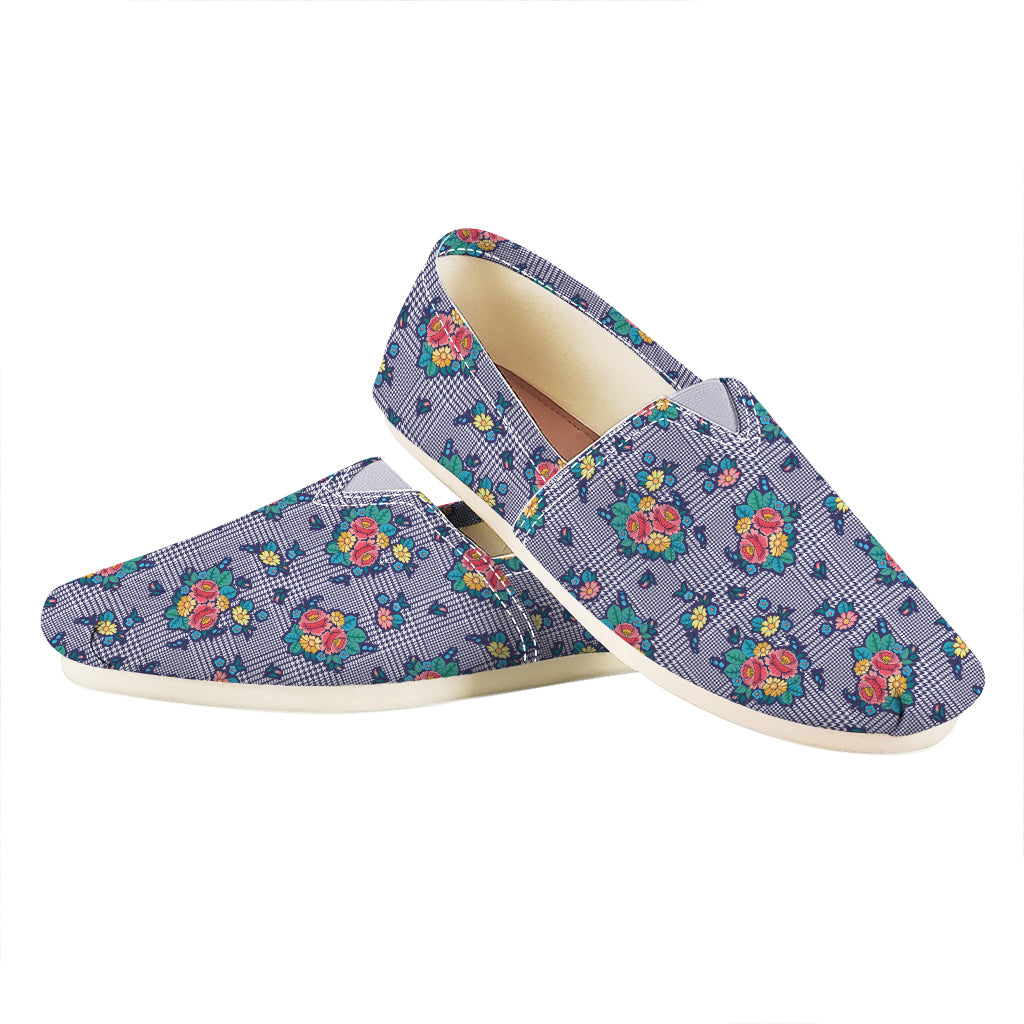 Blue And White Floral Glen Plaid Print Casual Shoes