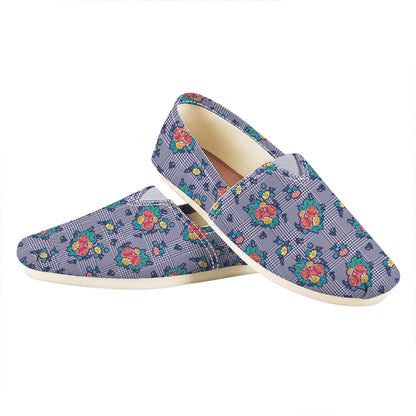 Blue And White Floral Glen Plaid Print Casual Shoes