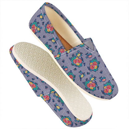 Blue And White Floral Glen Plaid Print Casual Shoes