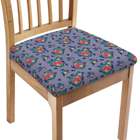 Blue And White Floral Glen Plaid Print Chair Cushion Cover