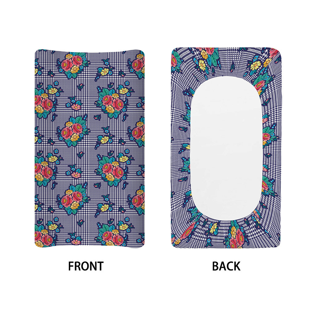 Blue And White Floral Glen Plaid Print Changing Pad Cover