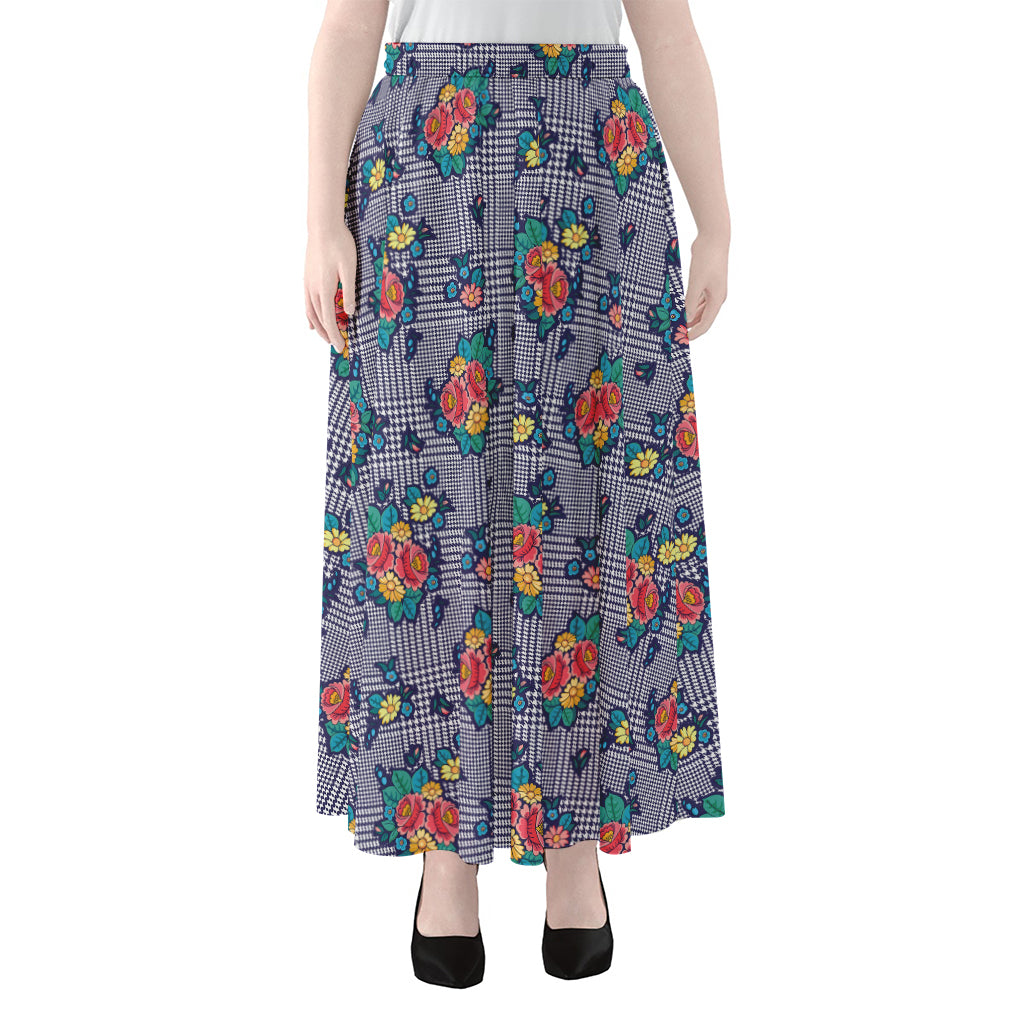 Blue And White Floral Glen Plaid Print Chiffon Maxi Skirt